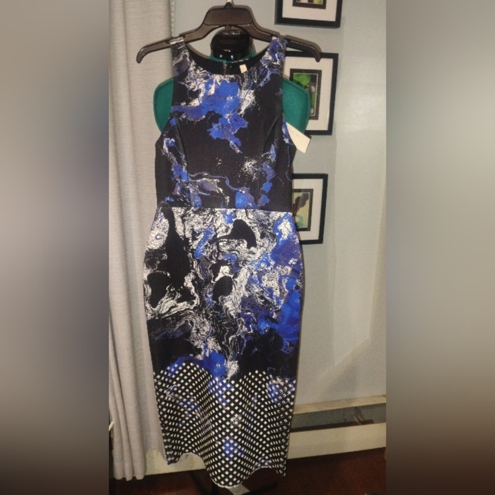 State Of Being Abstract Marble Laser Cut Scuba Blue Midi Dress Sz L NWT